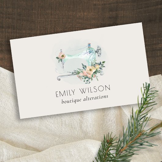Elegant Aqua Gray Sewing Machine Floral Tailor Visitekaartje
