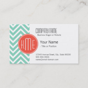 Elegant Aqua Green Chevron en Oranje monogram Visitekaartje