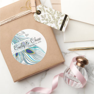 Elegant Aqua Grijs 3 Pauwveren Bruiloft Ronde Sticker