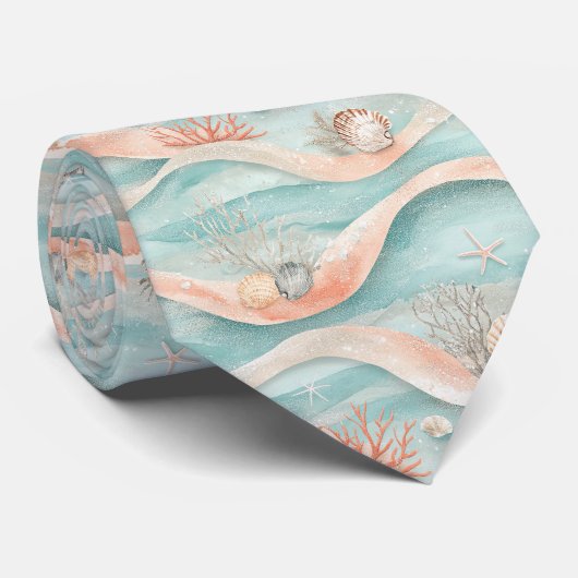 Elegant Aqua Koraal Oceaanpatroon Stropdas (Opgerold)