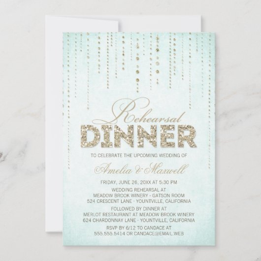 Elegant Aqua met Gold Glitter Rehearsal Dinner Kaart (Voorkant)