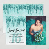 Elegant aqua mint glitter druppelt zoete zestien kaart (Voorkant / Achterkant)