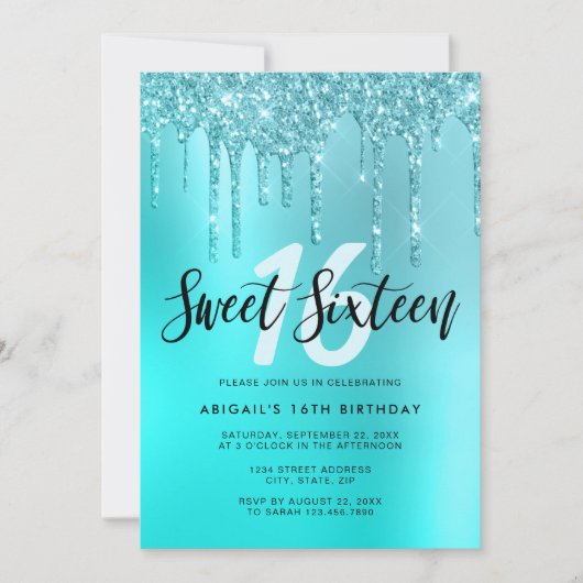 Elegant aqua mint glitter druppelt zoete zestien kaart (Voorkant)