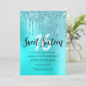 Elegant aqua mint glitter druppelt zoete zestien kaart (Staand voorkant)