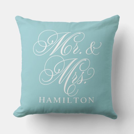 Elegant Aqua Mr en Mrs Script Aangepast Monogram Kussen (Voorkant)