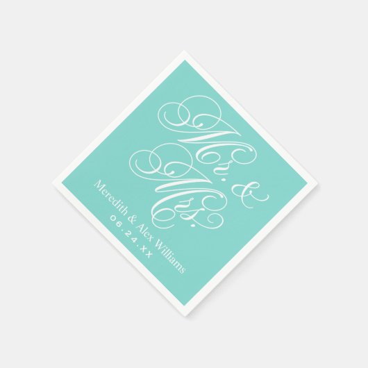 Elegant Aqua Mr en Mrs Script Custom Monogram Servet (Hoek)