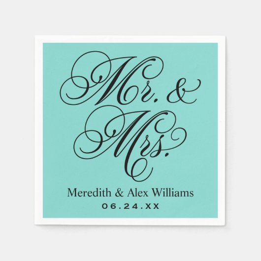 Elegant Aqua Mr en Mrs Script Trouw Servet (Voorkant)