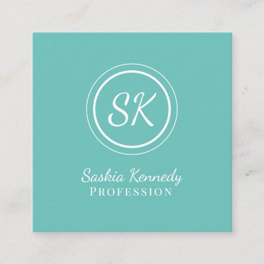 Elegant Aqua Script Professional Monogram Vierkante Visitekaartje (Voorkant)