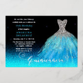 Elegant Aqua Spanish Gown Quinceañera - Silver Folie Uitnodiging (Voorkant)