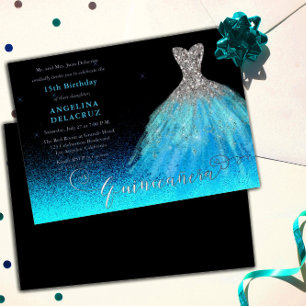 Elegant Aqua Spanish Gown Quinceañera - Silver Folie Uitnodiging