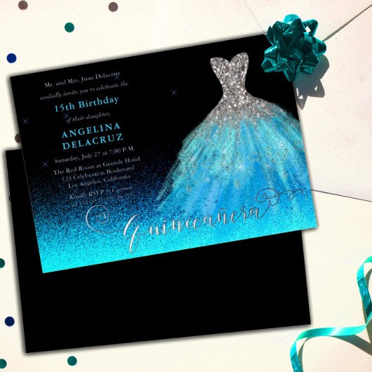 Elegant Aqua Spanish Gown Quinceañera - Silver Folie Uitnodiging