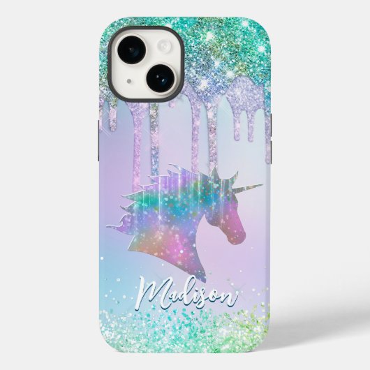 Elegant aqua Unicorn Glitter Driemonogram Case-Mate iPhone Case (Achterkant)