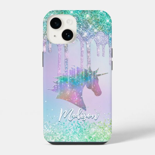 Elegant aqua Unicorn Glitter Driemonogram iPhone Hoesje (Achterkant)