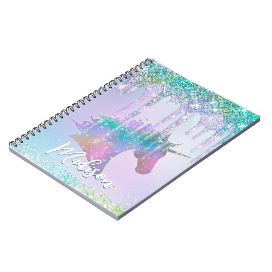 Elegant aqua Unicorn Glitter Driemonogram Notitieboek (Linkerzijde)