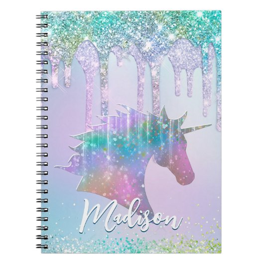 Elegant aqua Unicorn Glitter Driemonogram Notitieboek (Voorkant)