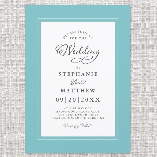 Elegant Aqua & Wit Huwelijk Moderne Calligrafie Kaart