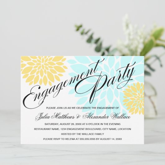 Elegant Aqua Yellow Floral Burst Engagement Party Kaart (Staand voorkant)