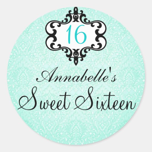 Elegant Aqua & Zwart Chic Damask Sweet 16 Sticker (Voorkant)