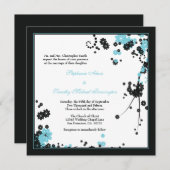 Elegant aqua + zwarte bloemen bruiloft uitnodiging (Voorkant / Achterkant)