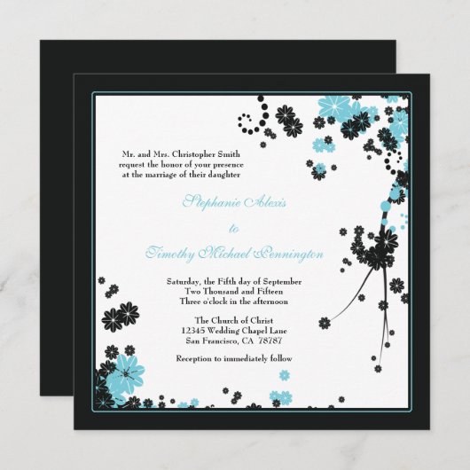 Elegant aqua + zwarte bloemen bruiloft uitnodiging (Voorkant / Achterkant)