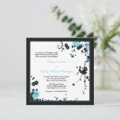 Elegant aqua + zwarte bloemen bruiloft uitnodiging (Staand voorkant)