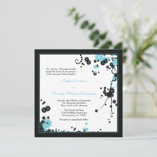 Elegant aqua + zwarte bloemen bruiloft uitnodiging (Staand voorkant)