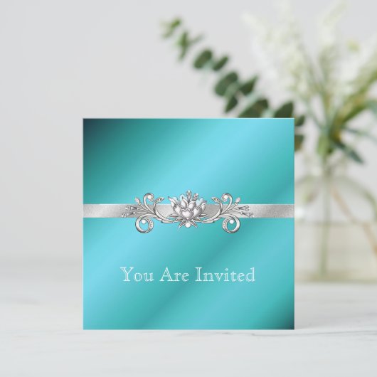 Elegant Aquamarine en Silver Party-uitnodigingen Kaart (Staand voorkant)