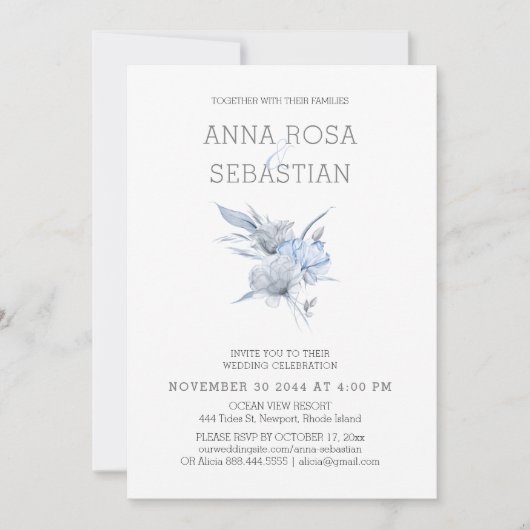 *~* Elegant AR15 WEDDING Blue Floral Roos RSVP + Kaart (Voorkant)