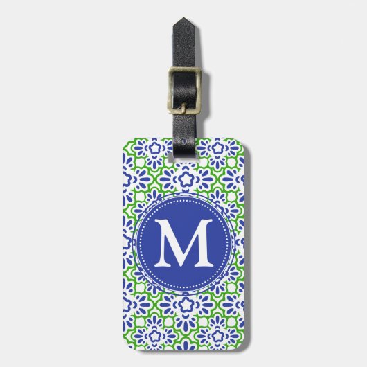 Elegant Arabesque Damask Blue en Green Personalize Bagagelabel (Voorkant verticaal)