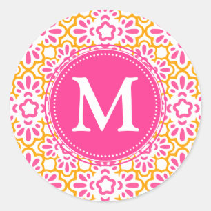 Elegant Arabesque Damask Hot Pink Gepersonaliseerd Ronde Sticker