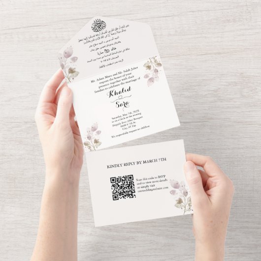 Elegant Arabisch & Engels Alles in één bruiloft ui All In One Uitnodiging (Afscheurbaar)