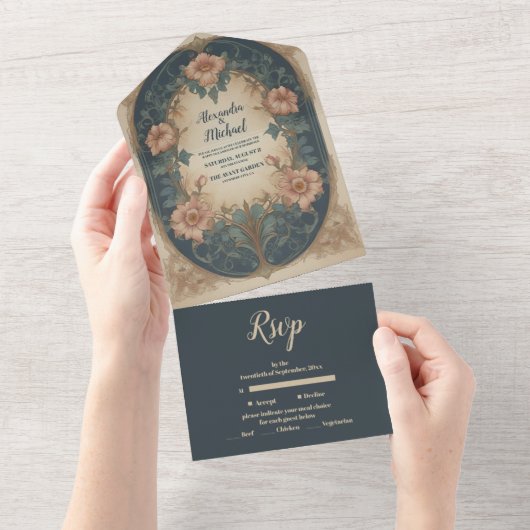 Elegant Arch Art Nouveau Wedding All In One Uitnodiging (Afscheurbaar)