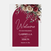 Elegant Arch Bourgondische Rozen bruiloft Welkom Acryl Bord (Voorkant)