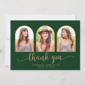 Elegant Arch Forest Green Gold 3 Foto Afstuderen Bedankkaart (Voorkant)