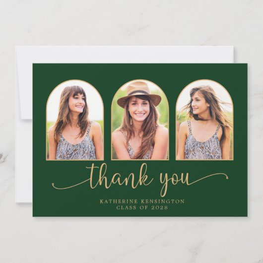 Elegant Arch Forest Green Gold 3 Foto Afstuderen Bedankkaart (Voorkant)