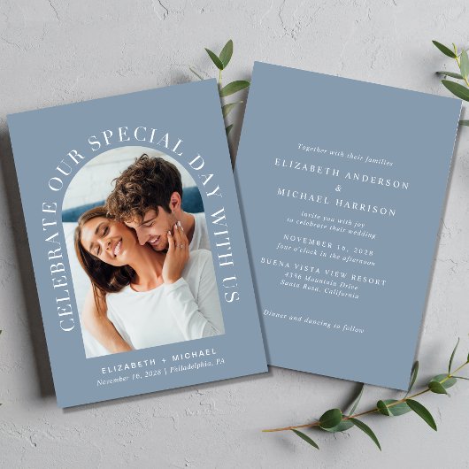 Elegant Arch Foto Dusty Blue Wedding Kaart