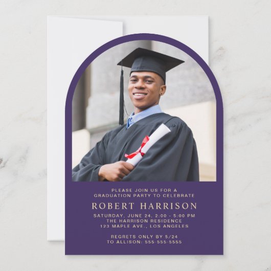 Elegant Arch Foto Paarse Gouden Afstudeerfeest Kaart (Achterkant)