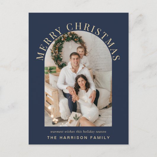 Elegant Arch Foto Vrolijk Kerstblauw Feestdagenkaart (Voorkant)