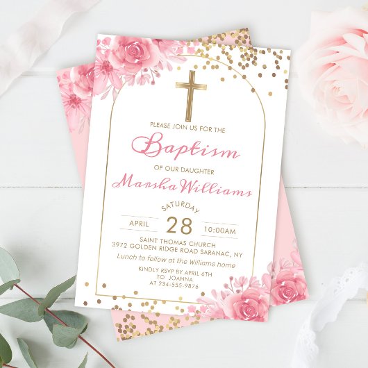 Elegant Arch Gold Glitter Pink Floral Girl Baptism Kaart