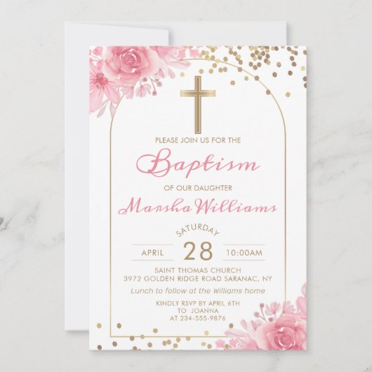 Elegant Arch Gold Glitter Pink Floral Girl Baptism Kaart (Voorkant)