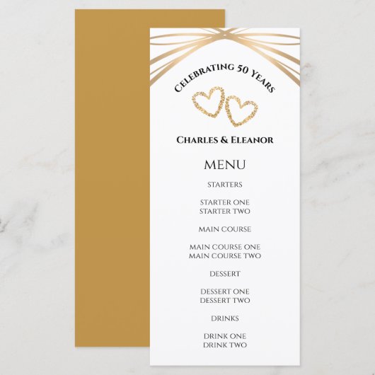 Elegant Arch Golden 50th Anniversary Party Custom Menu (Voorkant / Achterkant)