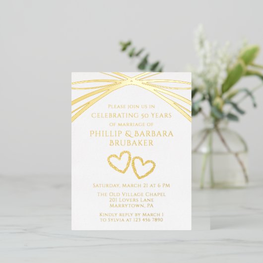 Elegant Arch Golden 50th Wedding Jubileum Party Folie Uitnodiging Briefkaart (Staand Voorkant)