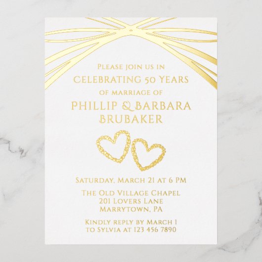 Elegant Arch Golden 50th Wedding Jubileum Party Folie Uitnodiging Briefkaart (Voorkant)