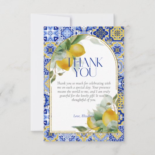 Elegant Arch Italiaans Blauw Tegel Citroen Vrijgez Bedankkaart (Voorkant)