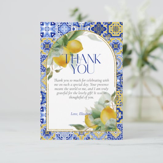 Elegant Arch Italiaans Blauw Tegel Citroen Vrijgez Bedankkaart (Staand voorkant)