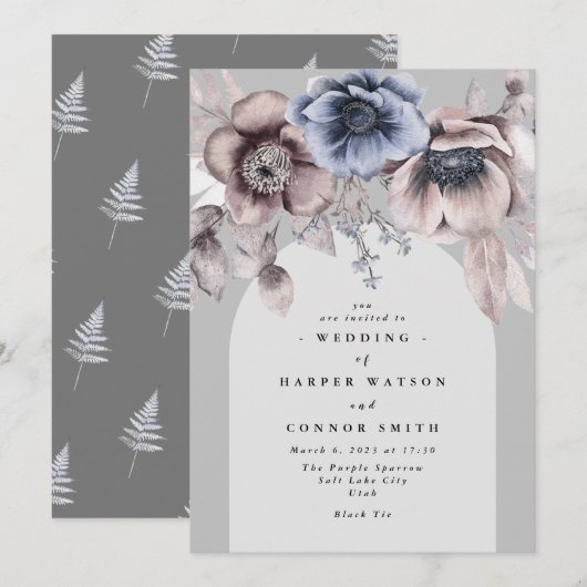 Elegant Arch Light Winter Gray Floral Wedding Kaart (Voorkant / Achterkant)