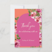 Elegant Arch Lijst Roze en Oranje Floral Wedding Bedankkaart (Voorkant)