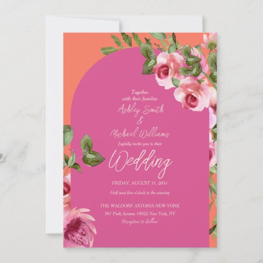 Elegant Arch Lijst Roze en Oranje Floral Wedding Kaart (Voorkant)