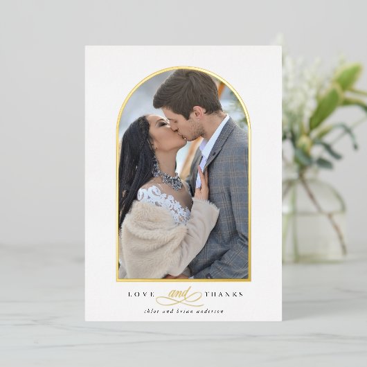 Elegant Arch Love & Bedankt Foto Weddenschap Harte Folie Uitnodiging (Staand Voorkant)