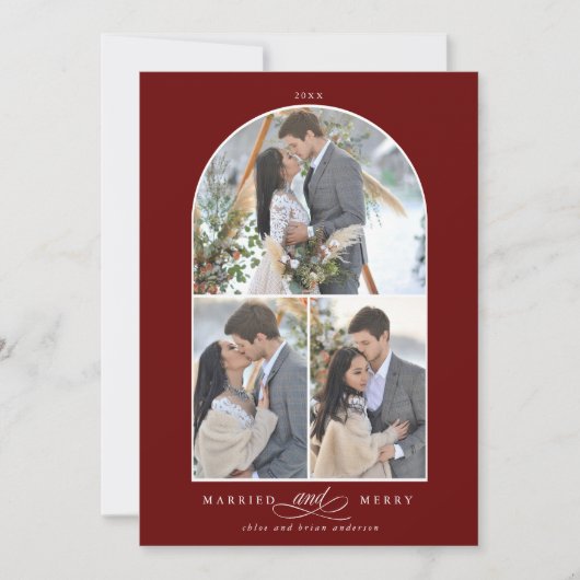 Elegant Arch Married en Merry 3 Foto Deep Red Feestdagenkaart (Voorkant)